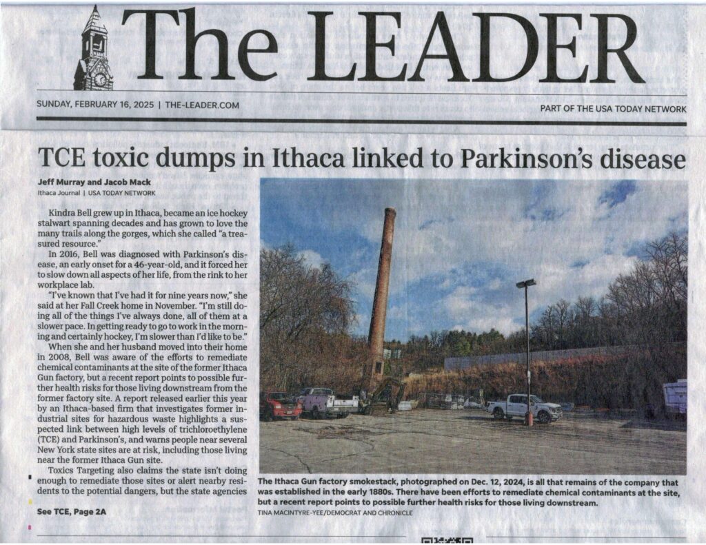 Legacy of TCE in Ithaca linked to Parkinson’s (Corning Leader front page)