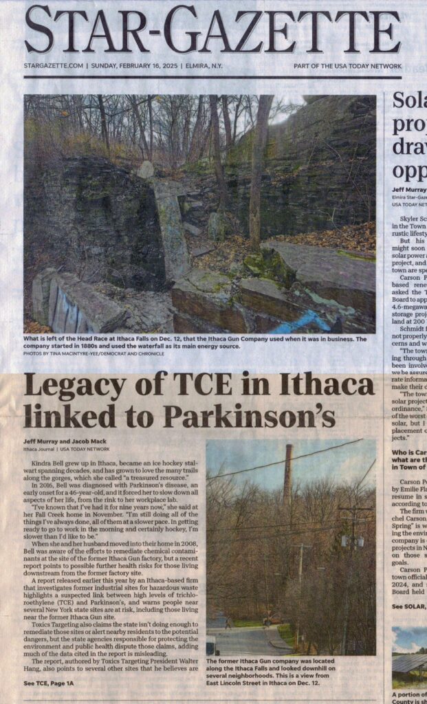 Legacy of TCE in Ithaca linked to Parkinson’s (Elmira Star-Gazette front page)