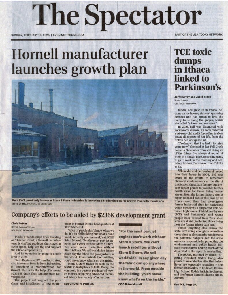 Legacy of TCE in Ithaca linked to Parkinson’s (Hornell Spectator front page)