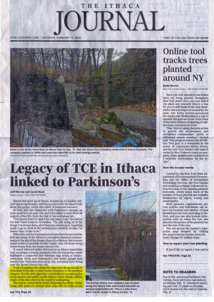 Legacy of TCE in Ithaca linked to Parkinson’s (Ithaca Journal front page)